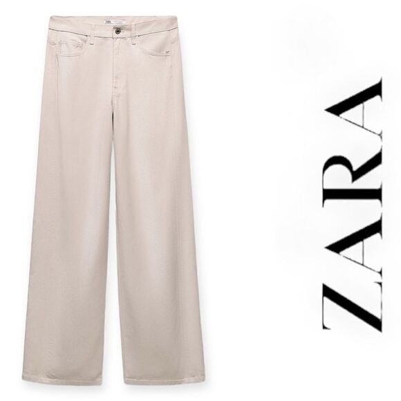 ZARA | Beige Pink | TRF HIGH-WAISTED WIDE LEG SHINY PANTS - Picture 1 of 8